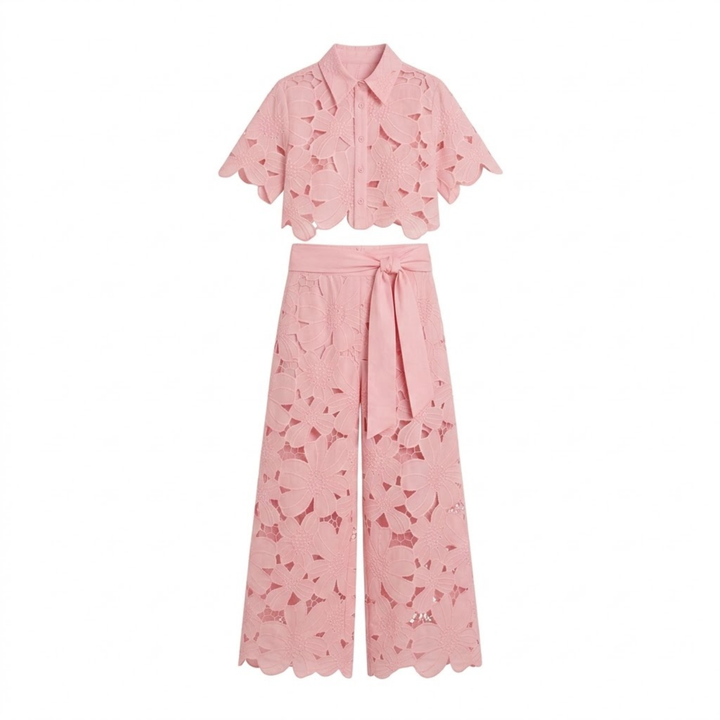 Edwina - Women's Lace Floral Cropped Wide Leg Matching Set