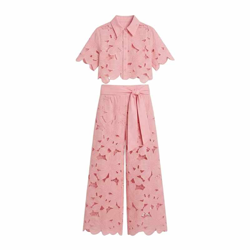 Edwina - Women's Lace Floral Cropped Wide Leg Matching Set