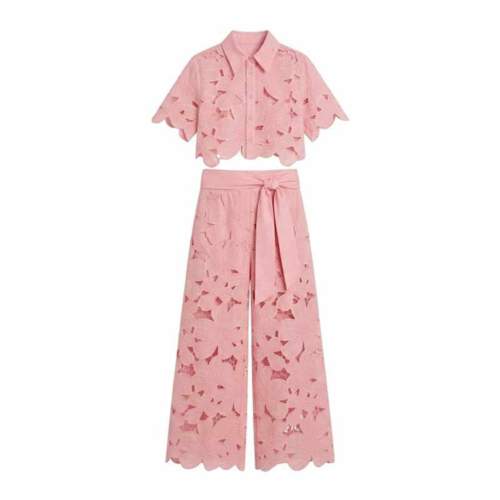 Edwina - Women's Lace Floral Cropped Wide Leg Matching Set
