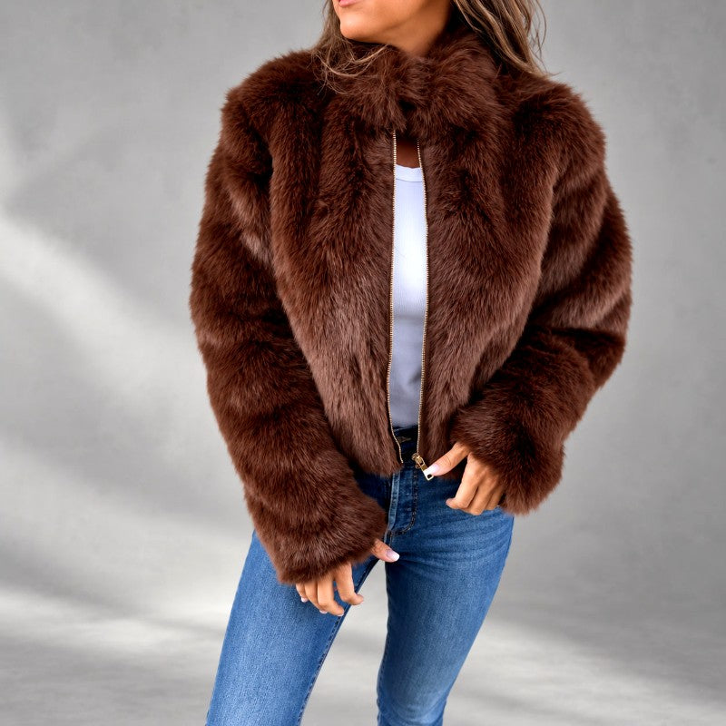 Eglantine - Women's Faux Fur Cropped Zip-Up Jacket 2