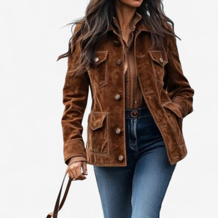 Elara - Women's Suede Button-Front Jacket with Chest Flap Pockets