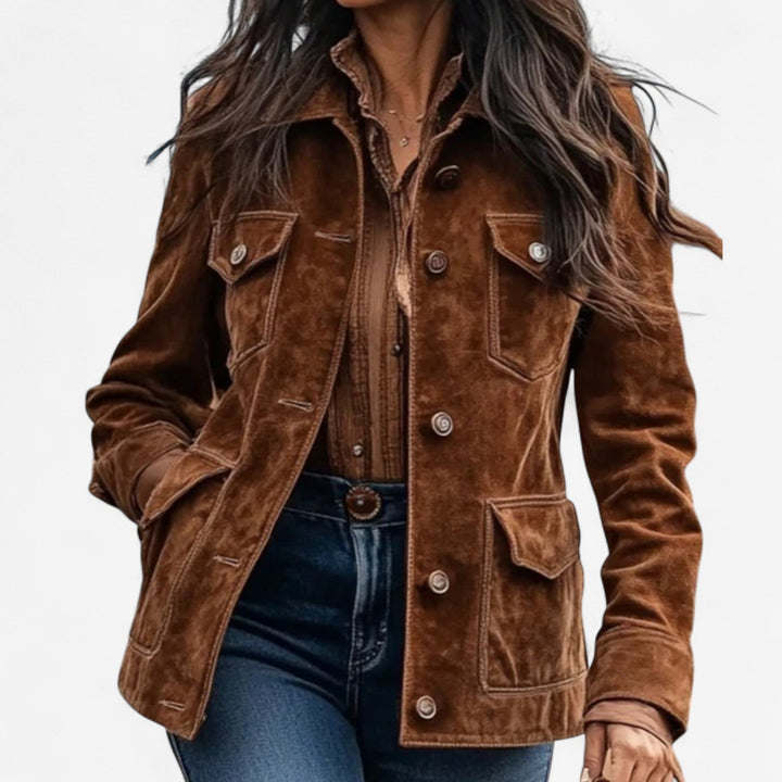 Elara - Women's Suede Button-Front Jacket with Chest Flap Pockets