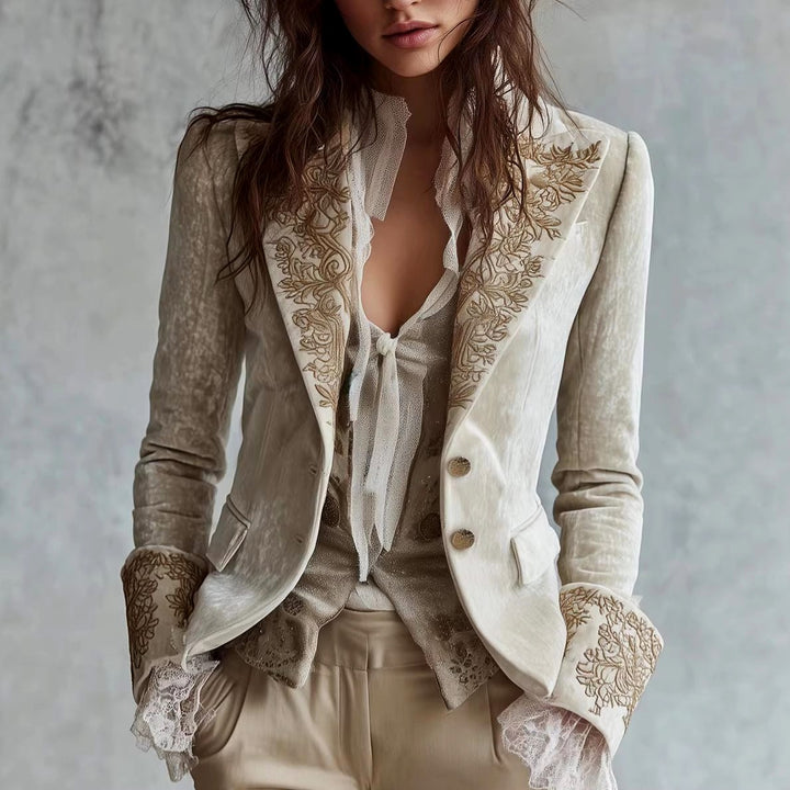 Elowyn - Women's Velvet Blazer with Floral Embroidery & Lace Cuffs 2