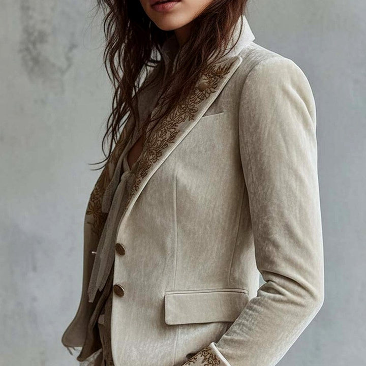 Elowyn - Women's Velvet Blazer with Floral Embroidery & Lace Cuffs 3