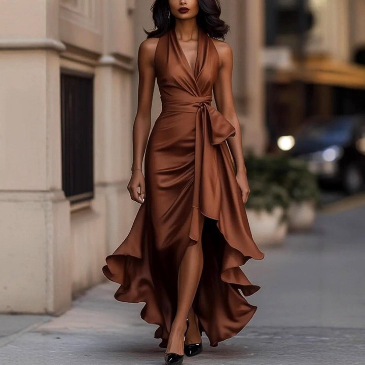 Elspeth - Women's Halter V-Neck Tie Waist Evening Dress 3