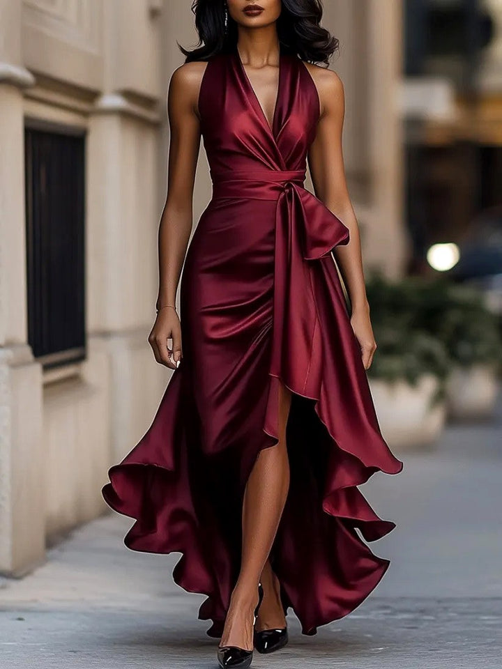 Elspeth - Women's Halter V-Neck Tie Waist Evening Dress 5