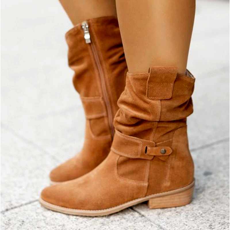 Elysia - Women's Suede Ruched Block Heel Boots 2