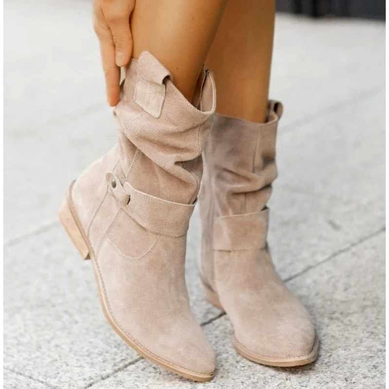 Elysia - Women's Suede Ruched Block Heel Boots 6