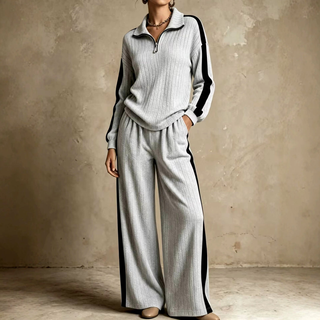 Erica - Women's Ribbed Quarter-Zip Top & Wide-Leg Pants Set 1