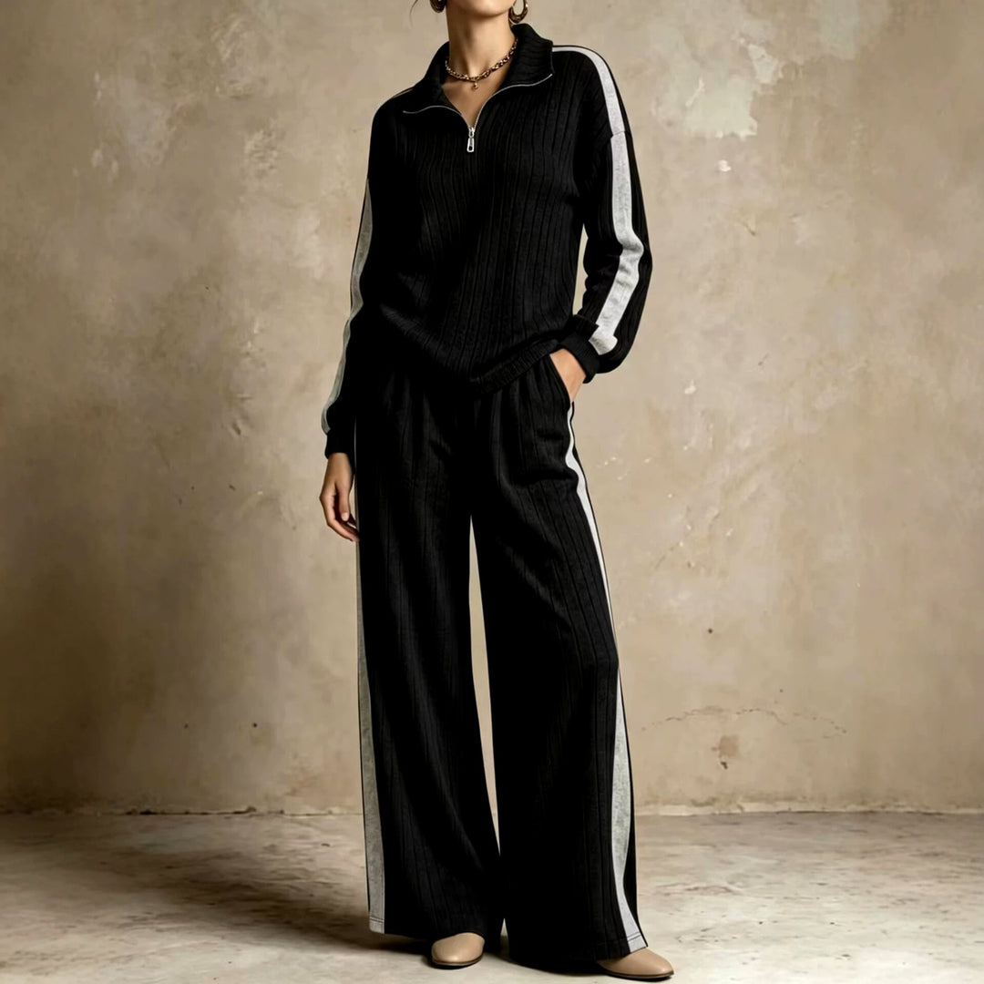 Erica - Women's Ribbed Quarter-Zip Top & Wide-Leg Pants Set 2
