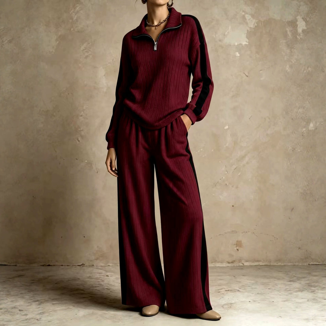 Erica - Women's Ribbed Quarter-Zip Top & Wide-Leg Pants Set 3