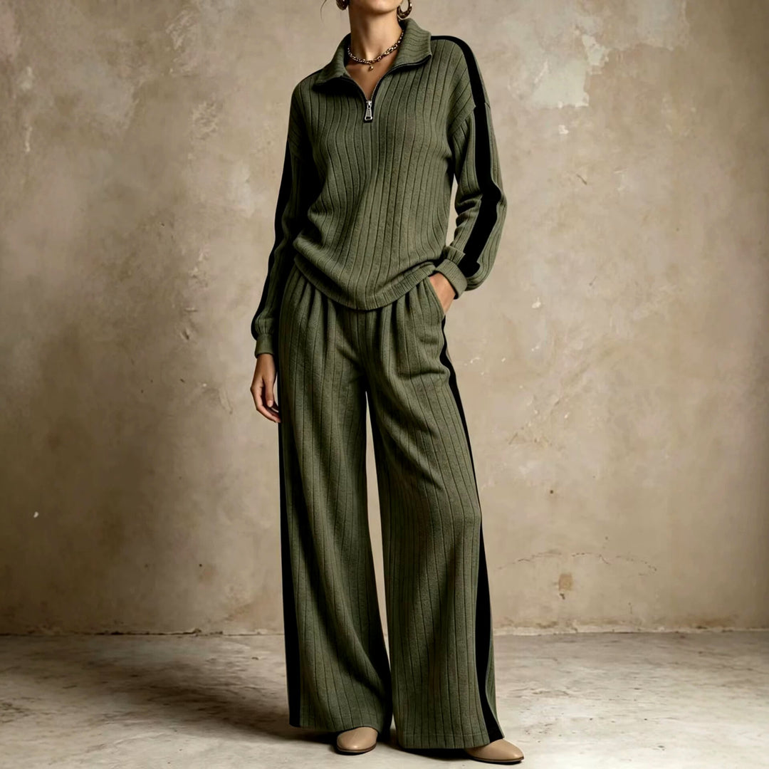 Erica - Women's Ribbed Quarter-Zip Top & Wide-Leg Pants Set 4