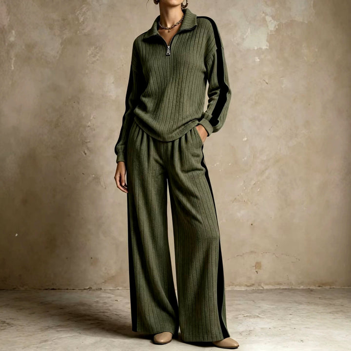 Erica - Women's Ribbed Quarter-Zip Top & Wide-Leg Pants Set 4