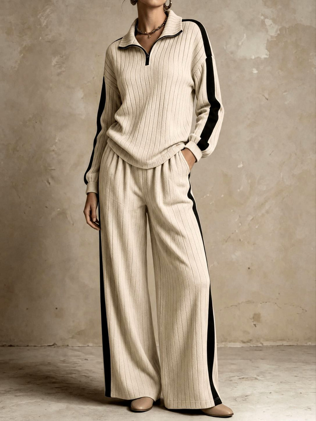 Erica - Women's Ribbed Quarter-Zip Top & Wide-Leg Pants Set 5