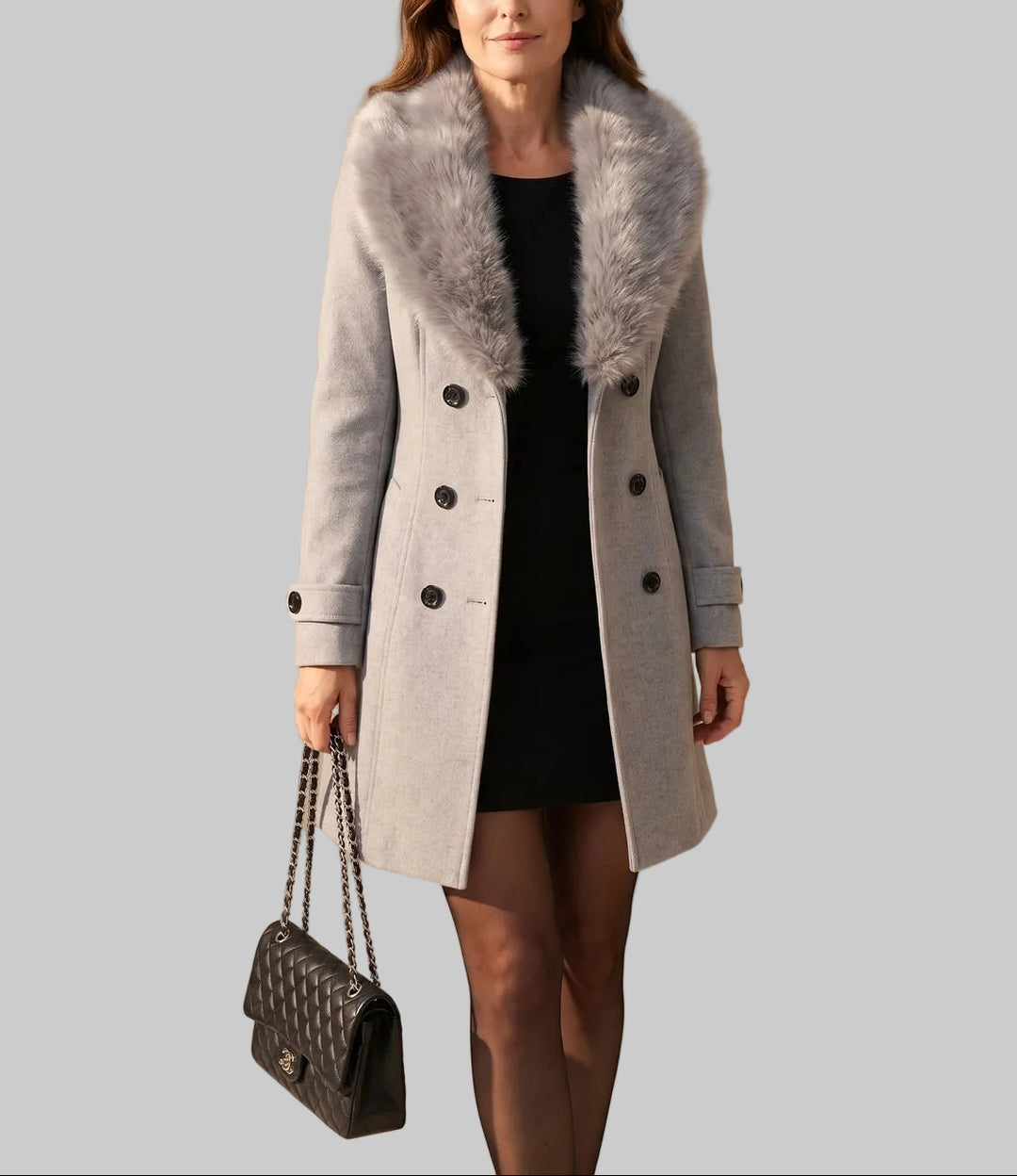 Erin - Women's Double-Breasted Coat with Faux-Fur Collar