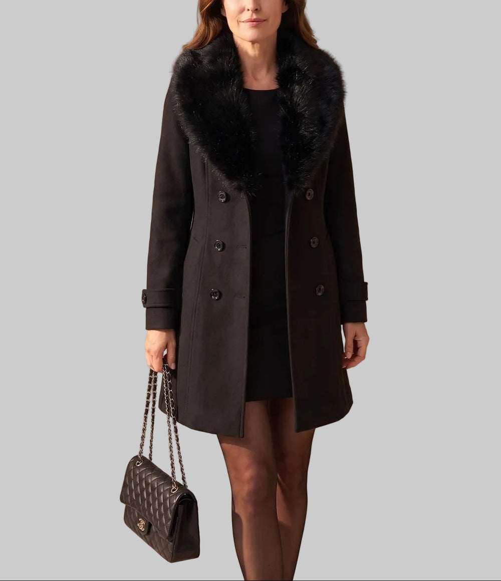 Erin - Women's Double-Breasted Coat with Faux-Fur Collar