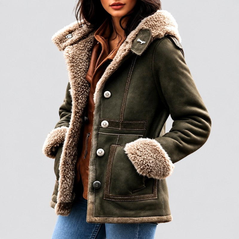 Estela - Women's Suede Hooded Faux Fur Coat 1