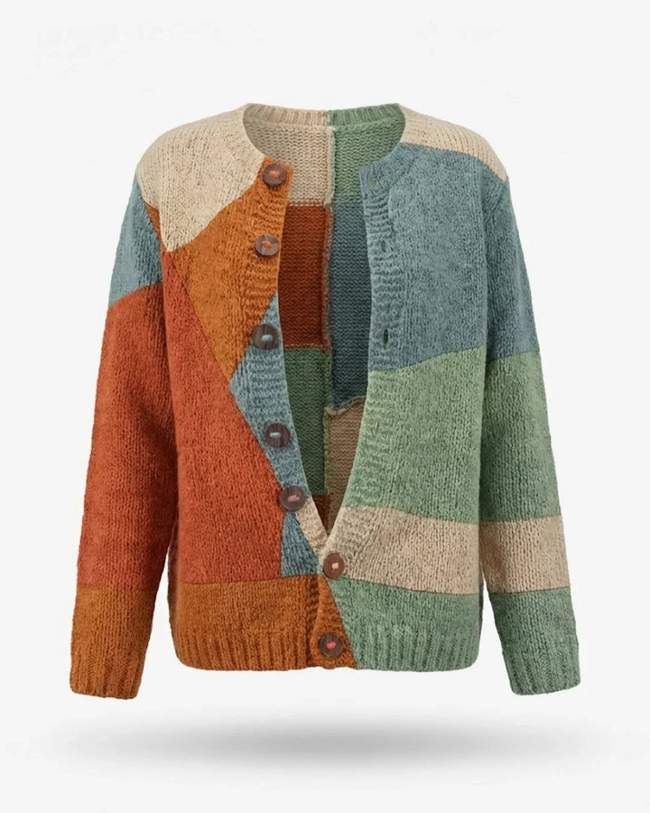Eulalia - Women's Patchwork Knit Cardigan with Button Closure