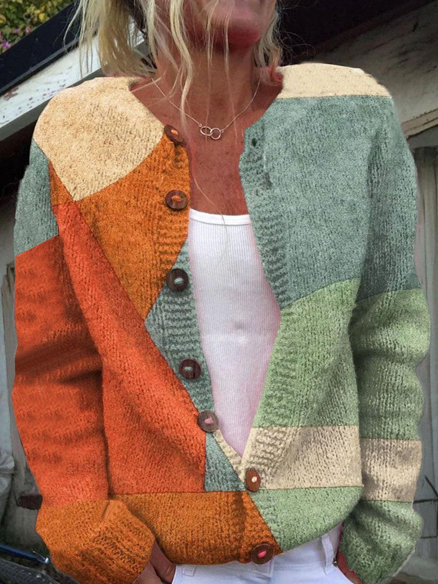 Eulalia - Women's Patchwork Knit Cardigan with Button Closure