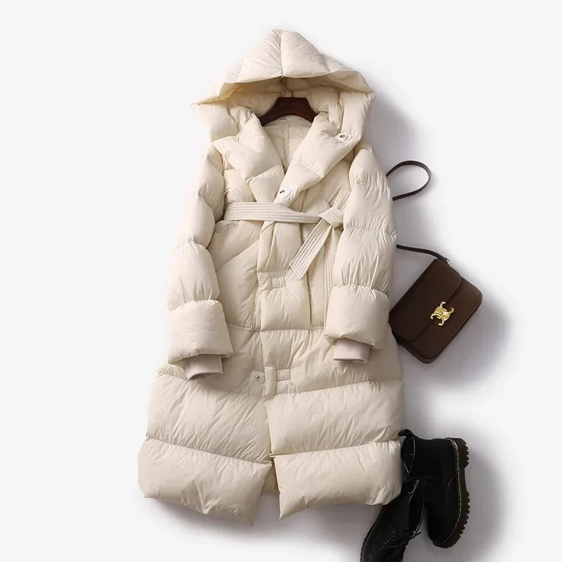 Evangeline - Women's Belted Long Puffer Coat with Oversized Hood