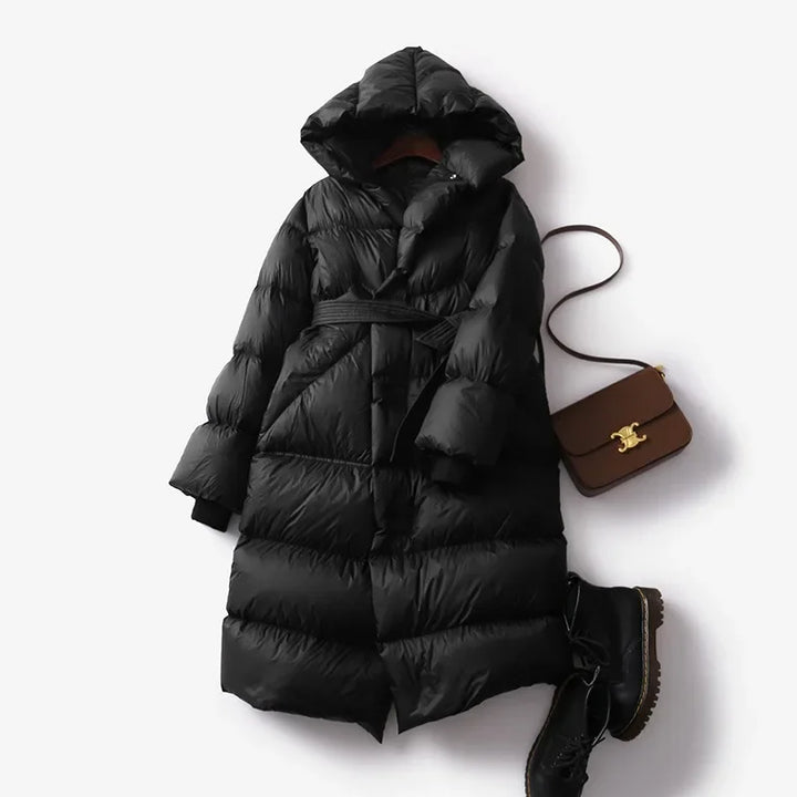 Evangeline - Women's Belted Long Puffer Coat with Oversized Hood