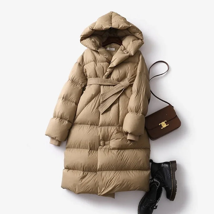 Evangeline - Women's Belted Long Puffer Coat with Oversized Hood