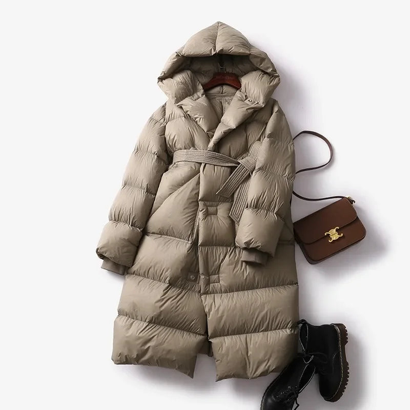 Evangeline - Women's Belted Long Puffer Coat with Oversized Hood
