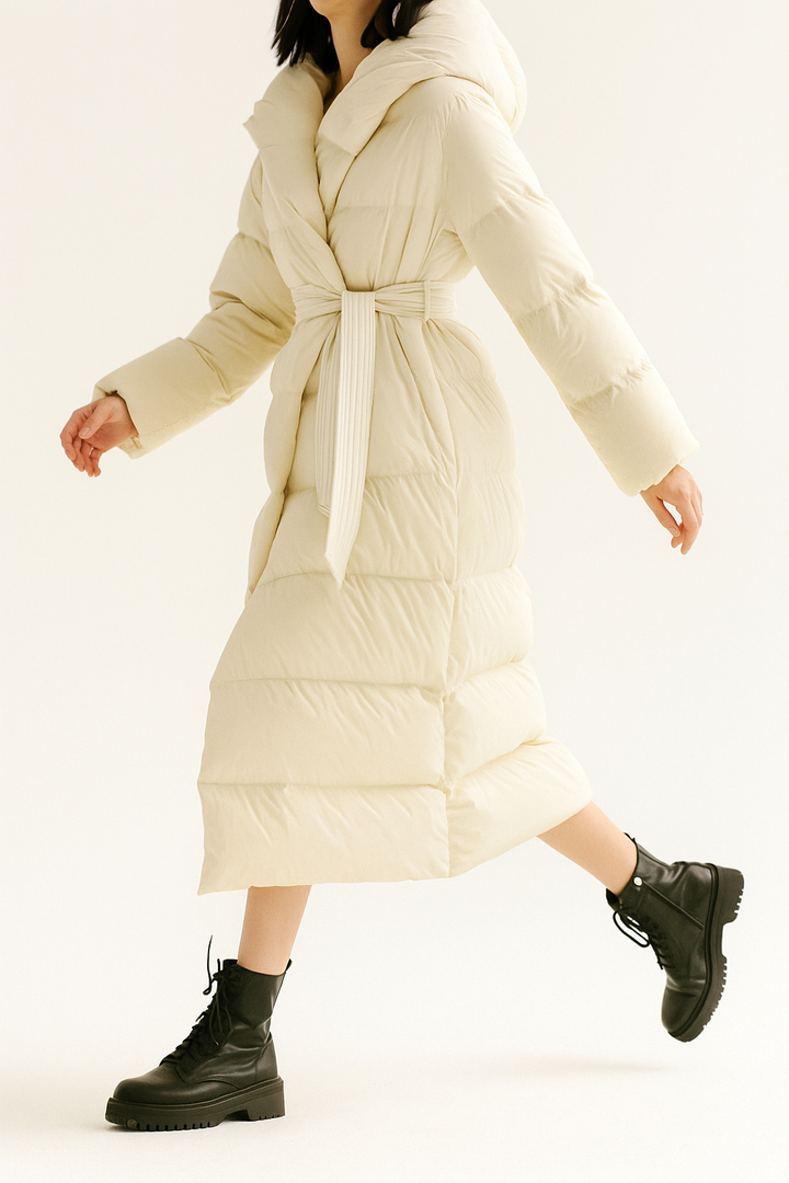 Evangeline - Women's Belted Long Puffer Coat with Oversized Hood