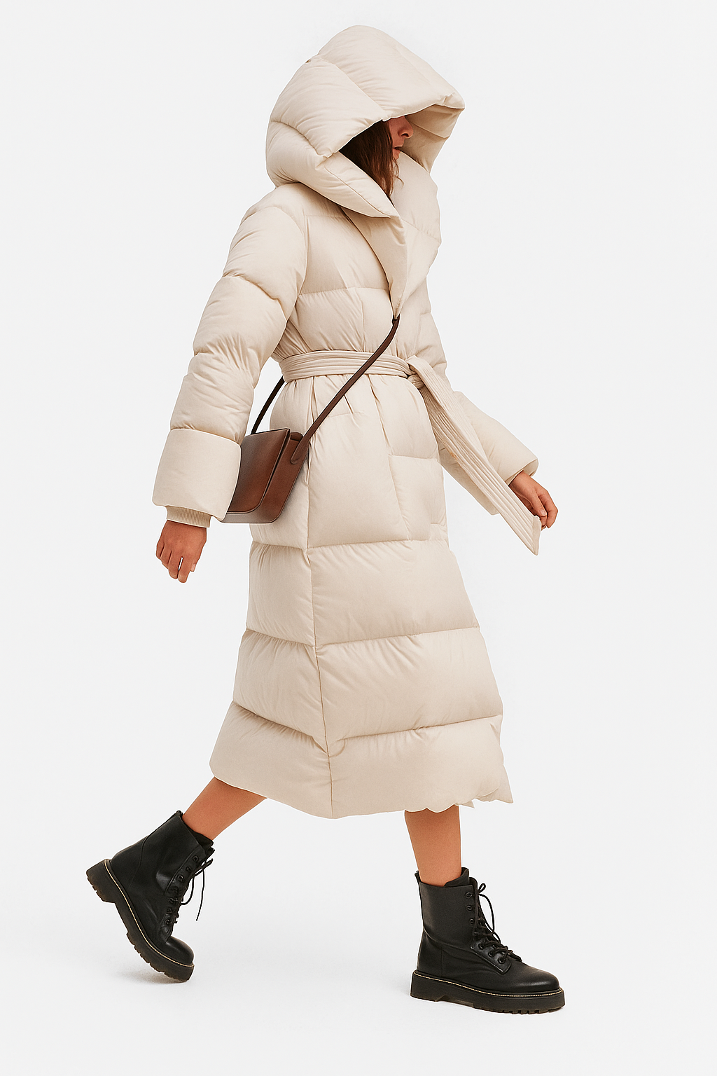 Evangeline - Women's Belted Long Puffer Coat with Oversized Hood