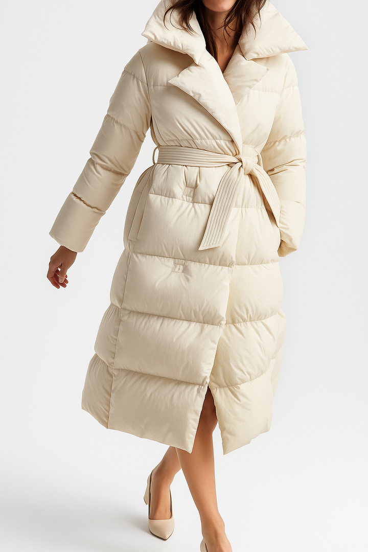 Evangeline - Women's Belted Long Puffer Coat with Oversized Hood