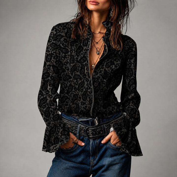 Evelyn - Women's Paisley Zip-Up Long Sleeve Blouse
