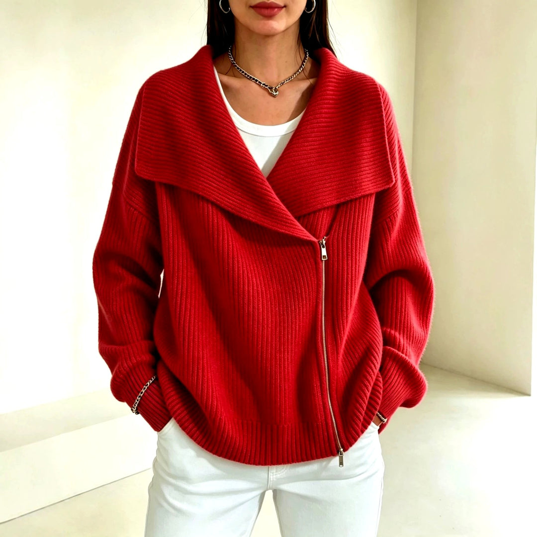 Evelyn - Women's Ribbed Wide Collar Zip-Up Knit Cardigan 1