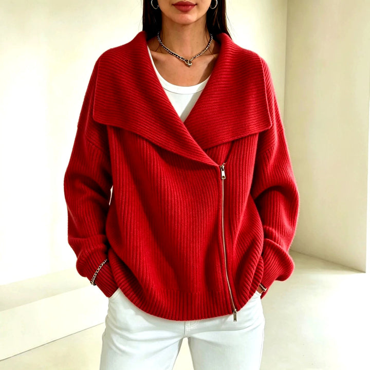 Evelyn - Women's Ribbed Wide Collar Zip-Up Knit Cardigan 1