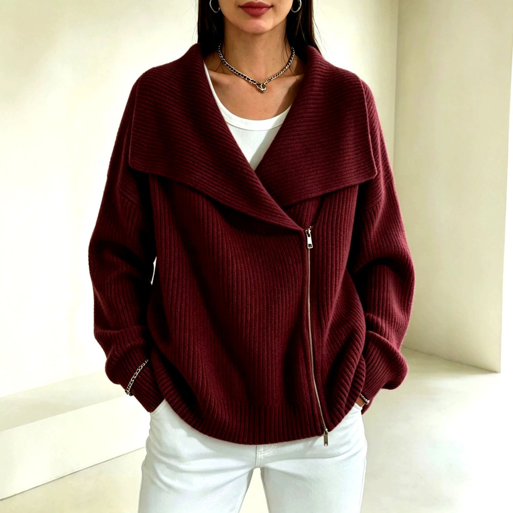 Evelyn - Women's Ribbed Wide Collar Zip-Up Knit Cardigan 2