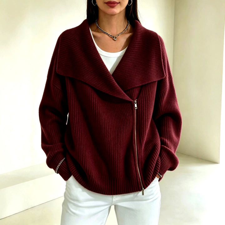 Evelyn - Women's Ribbed Wide Collar Zip-Up Knit Cardigan 2