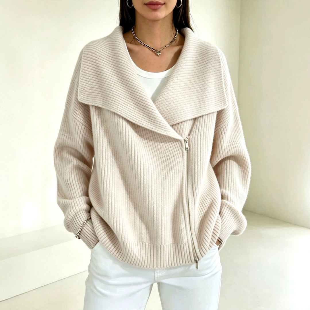 Evelyn - Women's Ribbed Wide Collar Zip-Up Knit Cardigan 3