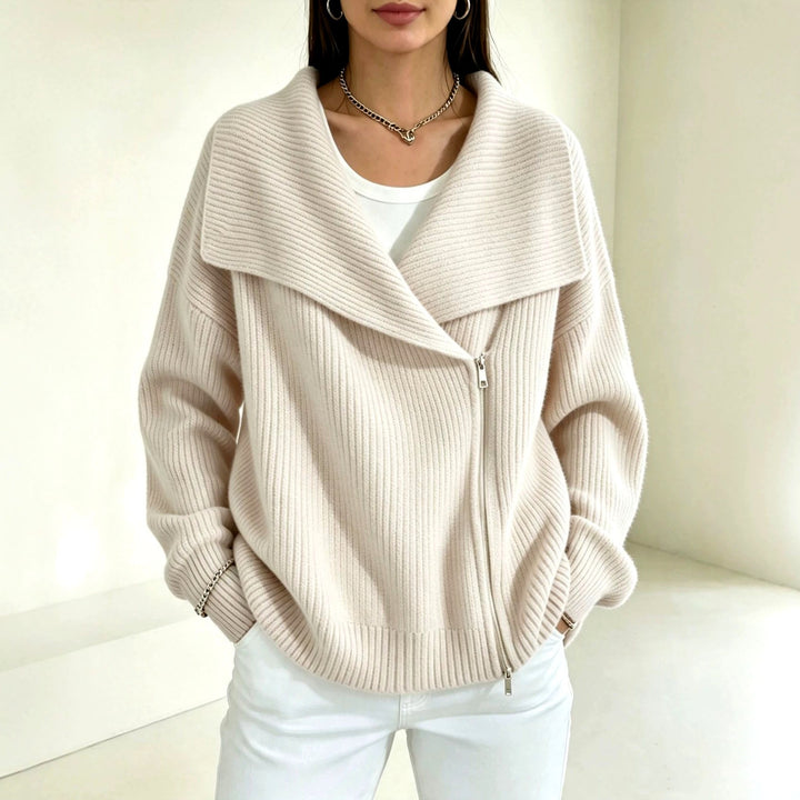 Evelyn - Women's Ribbed Wide Collar Zip-Up Knit Cardigan 3