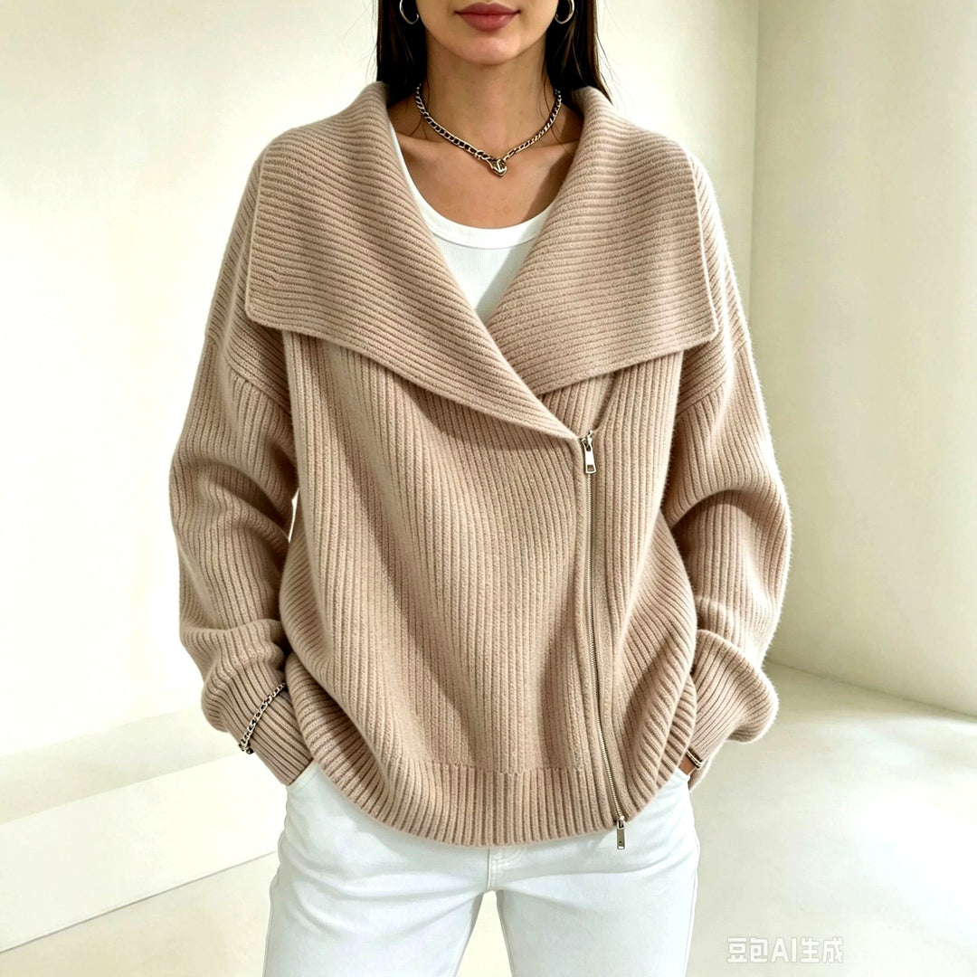 Evelyn - Women's Ribbed Wide Collar Zip-Up Knit Cardigan 4