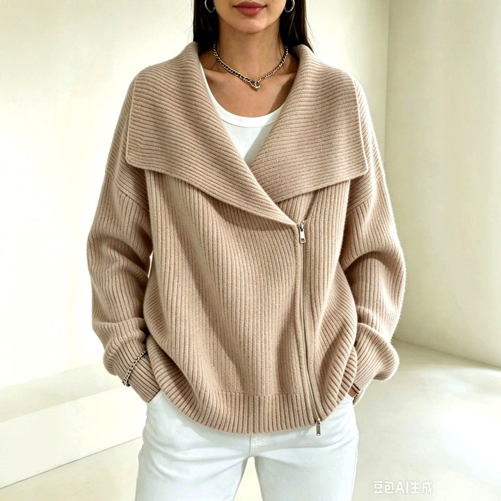Evelyn - Women's Ribbed Wide Collar Zip-Up Knit Cardigan 4