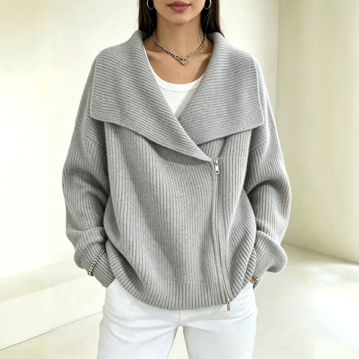 Evelyn - Women's Ribbed Wide Collar Zip-Up Knit Cardigan