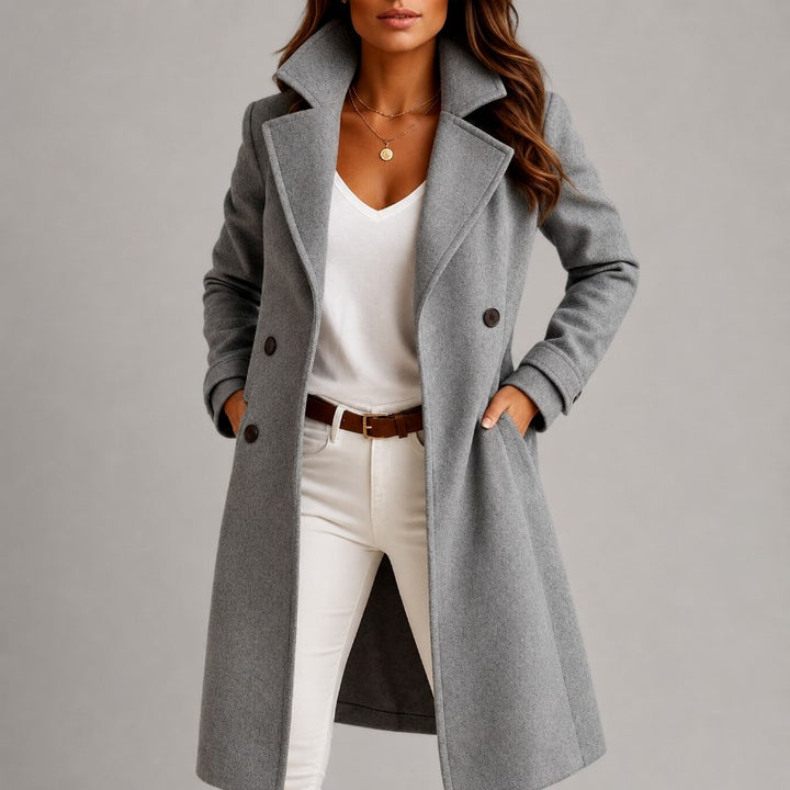 Fabienne - Women's Double-Breasted Notched Lapel Long Coat 1