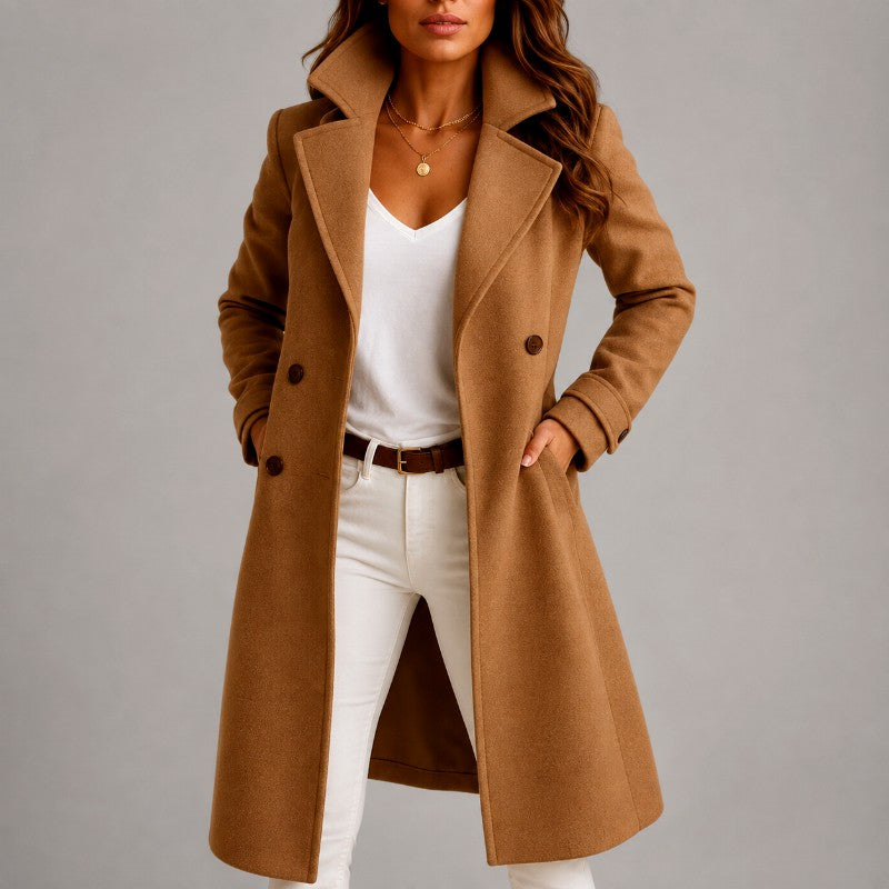Fabienne - Women's Double-Breasted Notched Lapel Long Coat 2