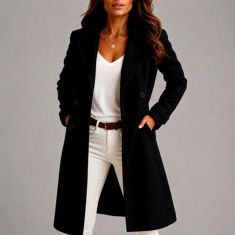 Fabienne - Women's Double-Breasted Notched Lapel Long Coat 3