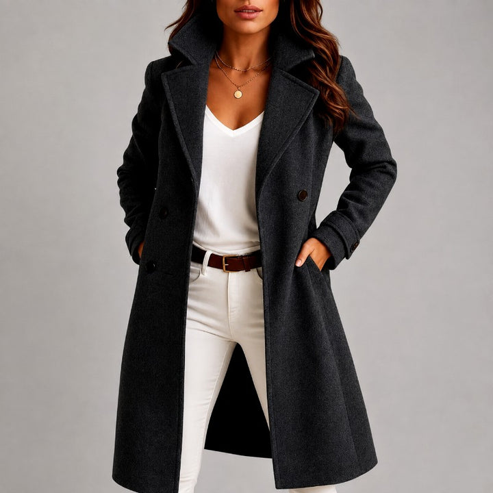 Fabienne - Women's Double-Breasted Notched Lapel Long Coat 5