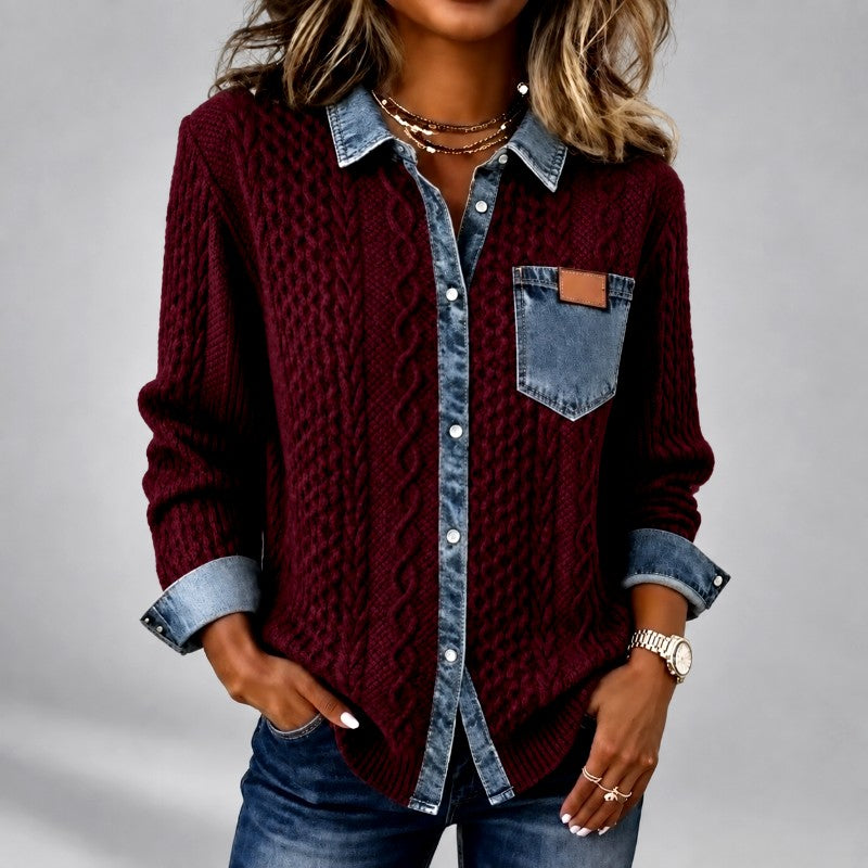Fern - Women’s Cable Knit Cardigan with Denim Trim 1