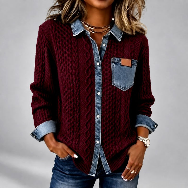 Fern - Women’s Cable Knit Cardigan with Denim Trim 1