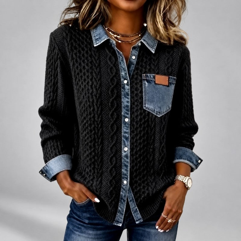 Fern - Women’s Cable Knit Cardigan with Denim Trim 2
