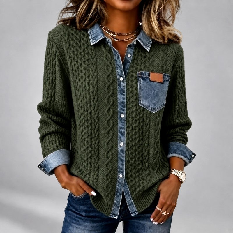 Fern - Women’s Cable Knit Cardigan with Denim Trim 4
