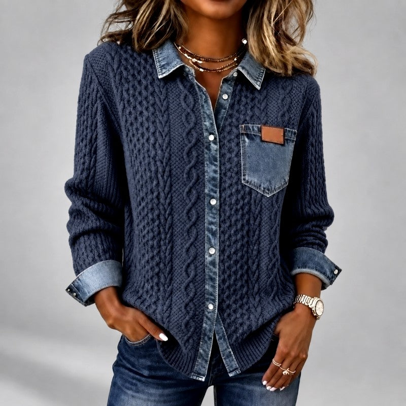 Fern - Women’s Cable Knit Cardigan with Denim Trim 5