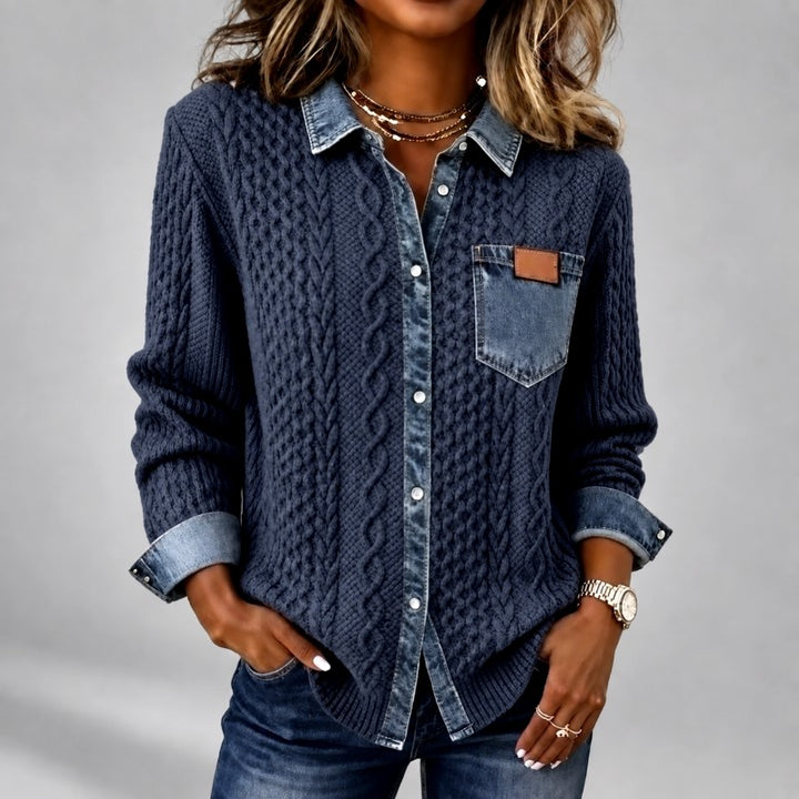 Fern - Women’s Cable Knit Cardigan with Denim Trim 5